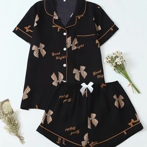 Black Pajama Set with Bow Print